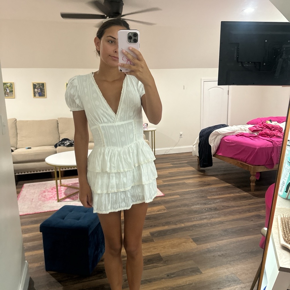 White Ruffled Tiered Mini Dress with Puff Sleeves